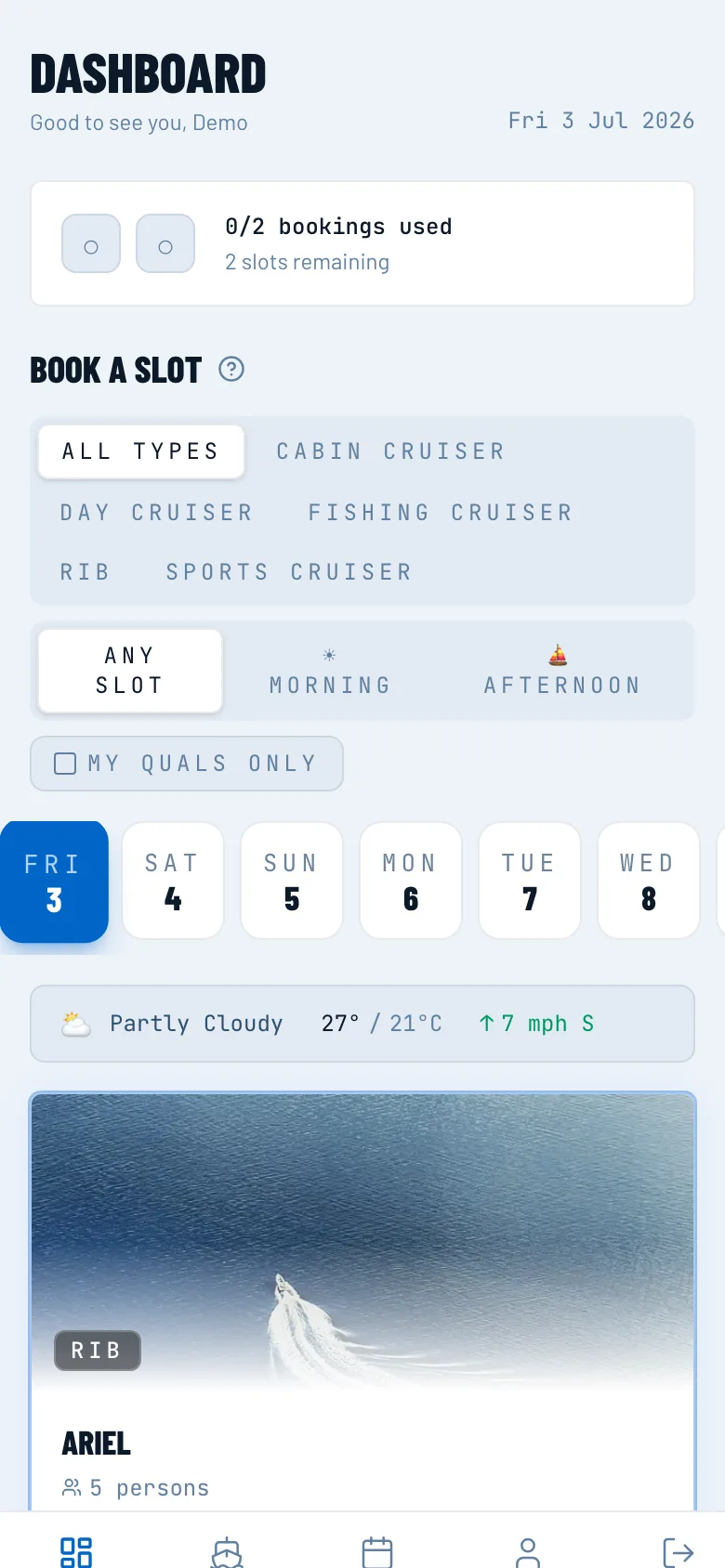 The Nauticore member app on a phone — booking filters, date picker, weather, and a boat ready to book